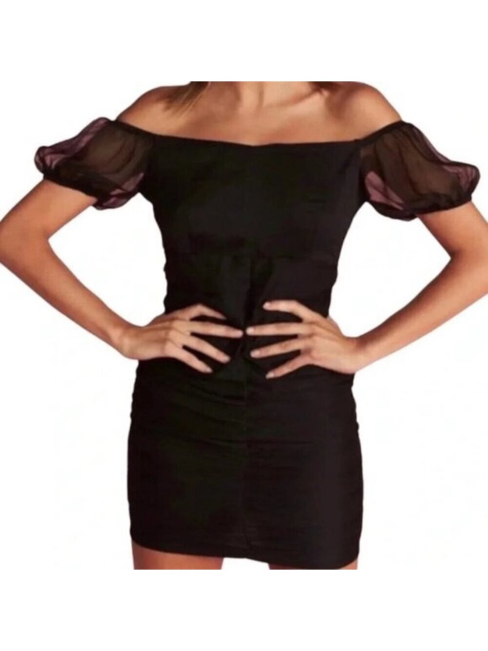 Lioness Mini Dress Black Ruched Gathered Off Shoulder Medium Whimsigoth festival